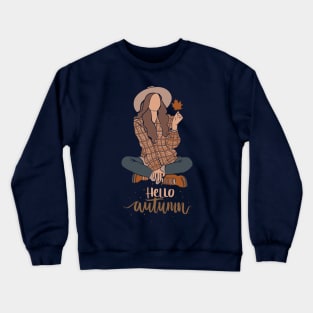 Hello autumn girl holding maple leaf Crewneck Sweatshirt